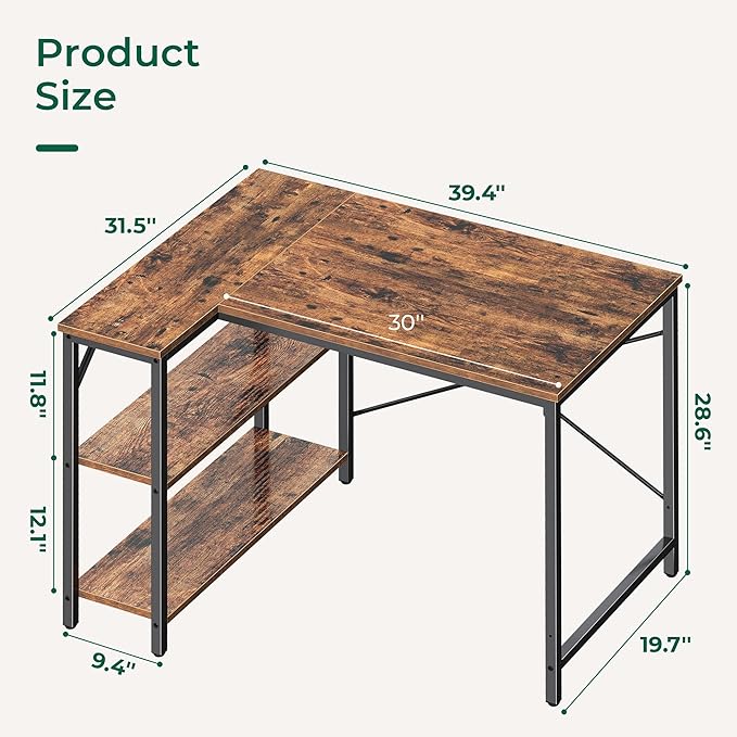 Huuger L Shaped Desk, 39 Inches Computer Desk with Reversible Storage Shelves, Gaming Desk, Corner Home Office Desks, Writing Study Desk with Metal Frame, Rustic Brown