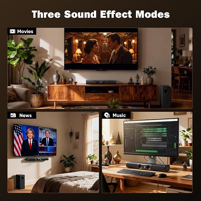 Sound Bar for Smart TV,3.1ch Soundbar with Wired Subwoofer,100W Deep Bass, TV-ARC/Optical/AUX/Bluetooth 5.3 Connect, Surround Sound System for TV PC/Gaming/Projectors
