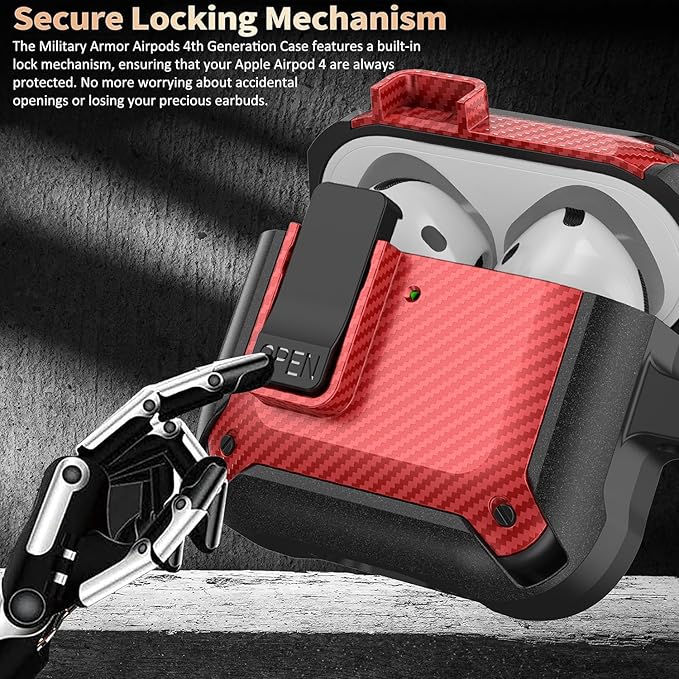 for Airpods 4 Case with Lock Clip, Rugged Apple Airpods 4th Generation Cover 2024 Men Women, Armor Shockproof iPod 4 Gen Protective Hard Shell with Carabiner&Cleaner kit,CF Black/Red