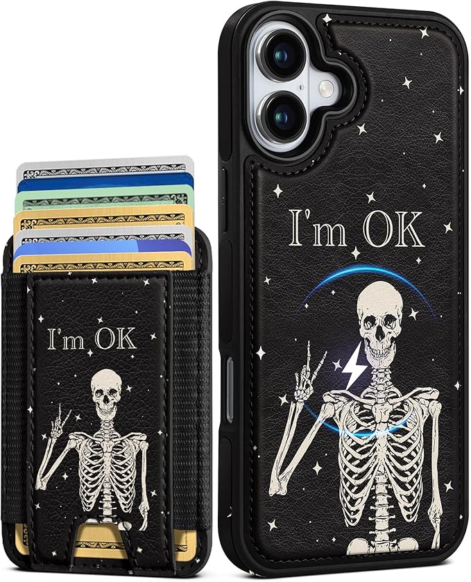 Shorogyt for iPhone 16 Wallet Case - Fits 5 Cards, Compatible with Magsafe Detachable Magnetic Credit Card Holder Leather Cardholder Cute Phone Cover Women Girls for Apple 16, OK Skeleton