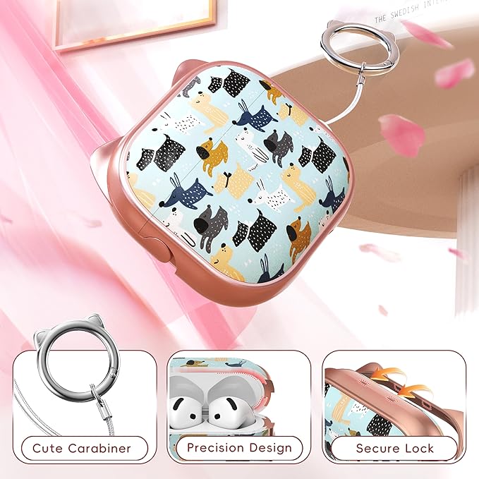 for AirPods 4 Case with Cleaning Kit, Cute Cat Ear Print Design & Cute Buckle, Inverted Phone Holder Design, Top Safe Lock Buckle Design, for Girls AirPods 4 case 2024, Rose Gold Animal