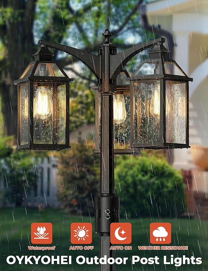 Outdoor Lamp Post Motion Sensor with Outlet, Dusk to Dawn Pole Lights 3-Head, Classic Black 360°Detection Waterproof Anti-Rust Aluminum Street Lighting for Yard Backyard Patio Driveway