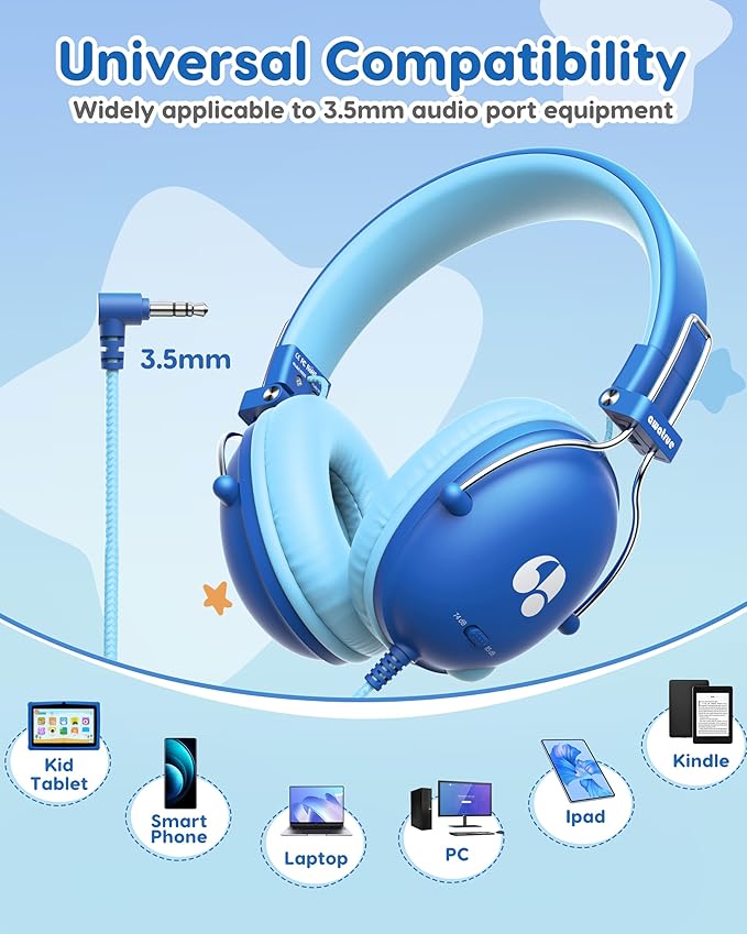 Kids Headphones, 74/85dB Safe Volume Limit, Stereo Sound, Wired On-Ear Headphones for Kids Boys Girls, 3.5mm Jack for Tablet, iPad, Kindle, YOTO Player, Airplane Travel, Blue