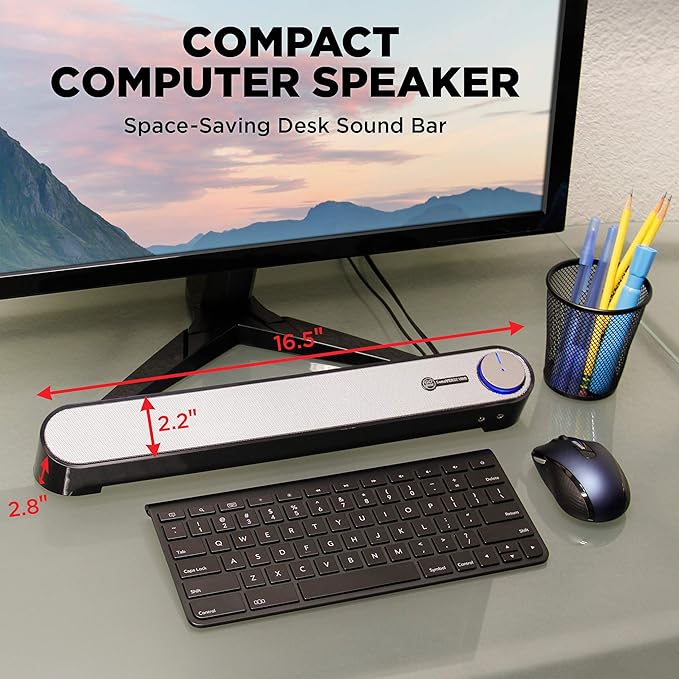 GOgroove Computer Speaker Mini Soundbar - USB Powered PC Sound Bar with Easy Setup Wired AUX, Stereo Audio, Microphone Port, Volume Control Knob, Under Monitor Design for Desktop (Black)