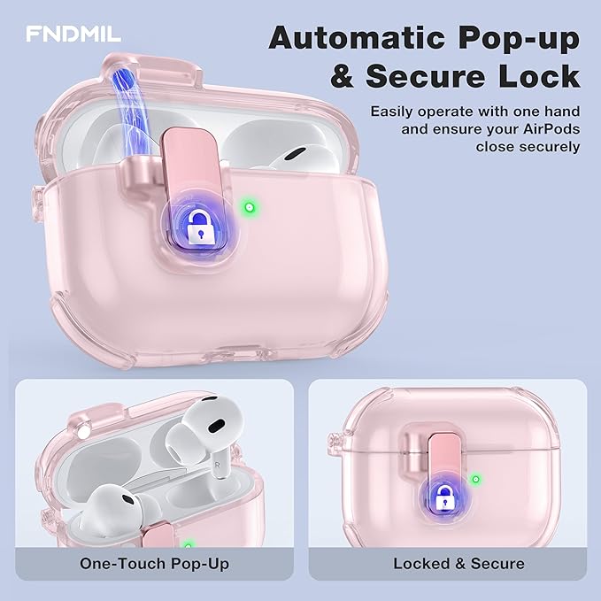 Clear Case for AirPods Pro 2 Case Cover with Lock Safety&Pop Up [Military Shockproof] Anti-Yellow Transparent Wireless Charging for AirPods Pro 2nd/1st Generation Case with Keychain,Clear Pink