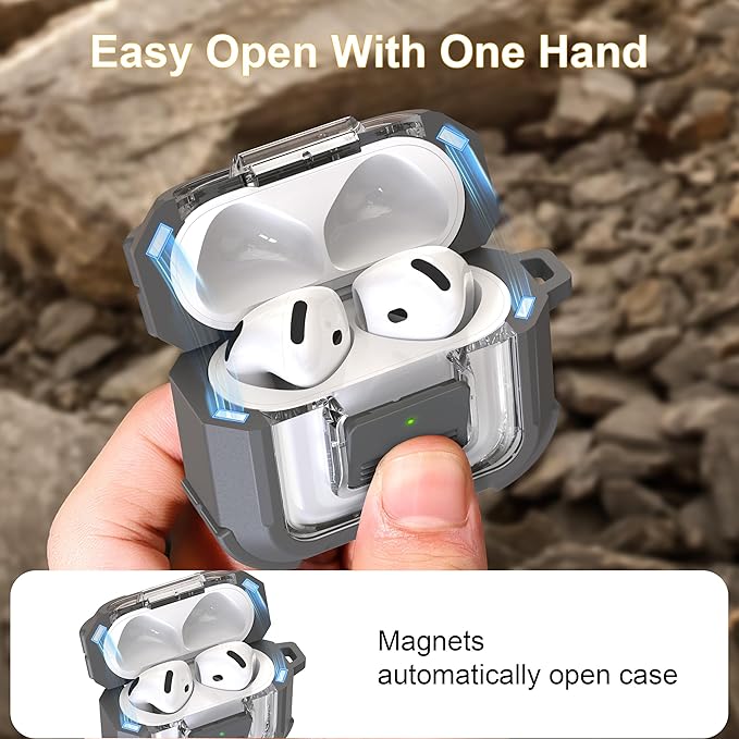 RFUNGUANGO for AirPods 4 Case, Compatible with AirPods 4th Generation Case (2024), Compatible with MagSafe, Magnetic Automatic Lock with Cleaner Kit and Keychain, Front LED Visible, Gray