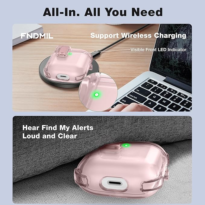 Case for AirPods 1/2 Case Cover with [Lock Safety & Pop Up][Military Shockproof] Anti-Yellow Transparent Soft TPU Wireless Charging for AirPods 1st/2nd Generation Case with Keychain,Clear Pink