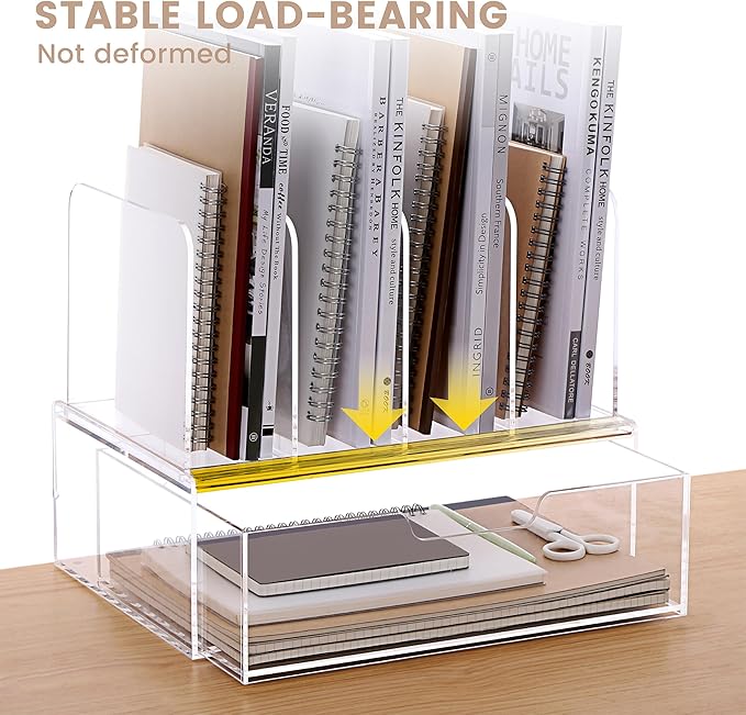 DINGHUO Acrylic Desk Organizer, 4 Sections Upright Sorter Desk Accessories Paper File Organizer with Drawer Letter Tray, Clear Office Supplies - 1 Pack