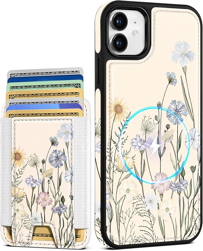 Shorogyt for iPhone 11 Wallet Case - Fits 5 Cards, Compatible with Magsafe Detachable Magnetic Credit Card Holder Leather Cardholder Cute Phone Cover Women Girls for Apple 11, Color Flower