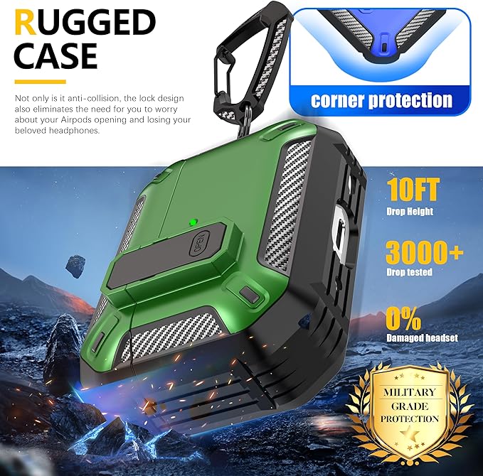 RFUNGUANGO for AirPods Pro 2nd Generation Case Cover with Cleaner Kit, Military Hard Shell Protective Armor with Lock for AirPod Gen 2 Charging Case2023, 2022, Front LED Visible,Green