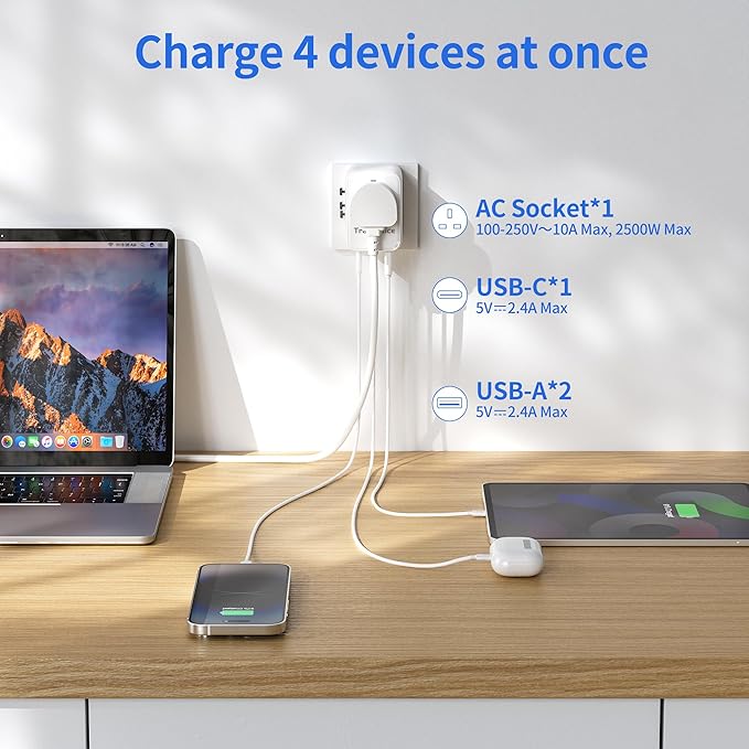 Universal Travel Adapter, TraveJuice International Plug Adapter with USB-C & 2 USB-A Outlet Wall Charger, US to UK, AU, European Travel Plug Adapter, All in One Worldwide Adapter Travel Essentials