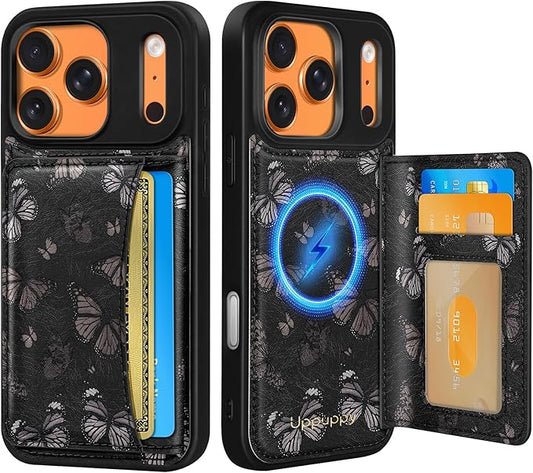 for iPhone 17 Pro Case with Wallet - Fits 4 Card Slots,Compatible with MagSafe for Women Aesthetic Durable PU Leather Credit Card Holder Kickstand Phone Cover for Apple 17 Pro, Black Butterfly
