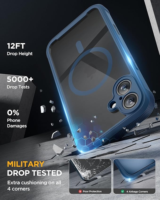 Miracase Magnetic for iPhone 16 Plus Case Full-Body Phone with Built-in Glass Screen Protector, [Compatible with MagSafe] Military Drop Proof 16 Plus Cover Bumper, Storm Blue