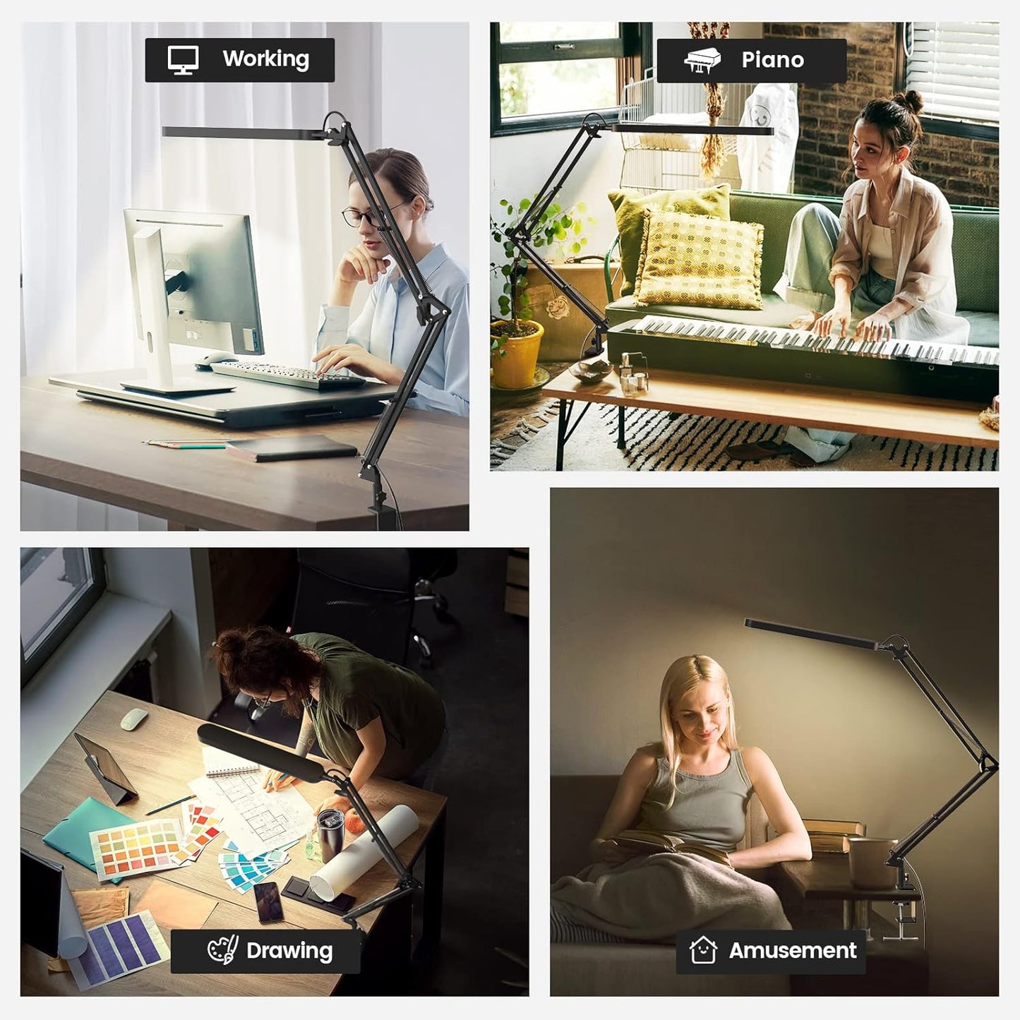 LED Desk Lamp with Swing Arm & Memory Function – 5 Color Modes, 11 Brightness, USB Powered (Black)