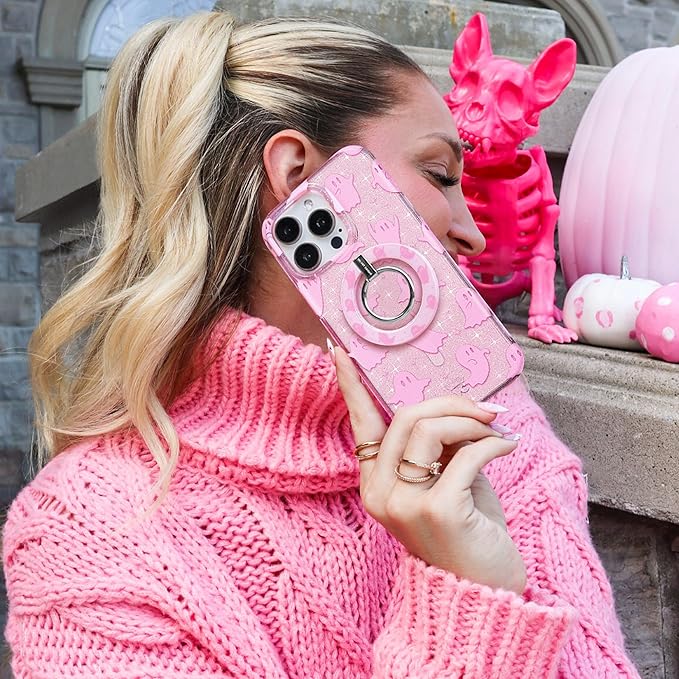 VELVET CAVIAR Compatible with MagSafe Phone Grip - Magnetic Ring Holder with Adjustable Stand - Removable MagSafe Accessories for iPhone 16, 15, 14, 13, 12 (Pink Halloween Ghost)