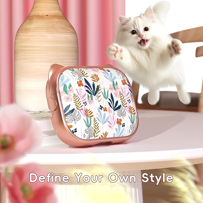 for AirPods Pro 2 Case with Cleaning Kit, Cute Cat Ear Print Design & Cute Buckle for Girls, Phone Holder & Top Safe Lock Buckle Design for AirPods Pro 2nd/1st Gen case, Rose Gold Leaves