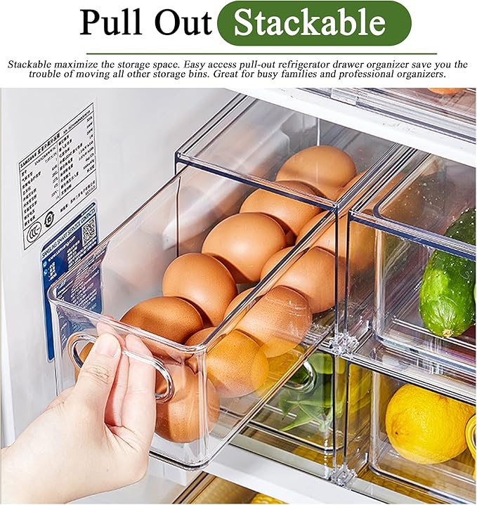bealy 3 Pack Fridge Organizer and Storage,Clear Storge Bins with Pull-out Drawer, Fridge Drawers Clear Stackable Storage Bins Containers for Freezer, Refrigerator, Pantry, Kitchen