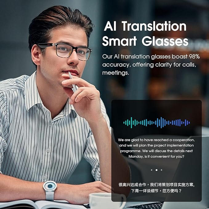 AI Smart Glasses for Men & Women, Photochromic AI Translation Glasses, Support 165+ Languages, Touch Control & IPX5 Waterproof, Multifunctional Bluetooth glasses, Travel Meeting Business Trade(Black)
