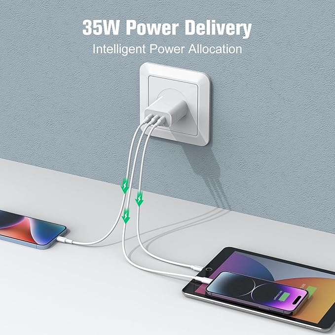 USB C Charger Block, Amoner 35W 3-Port USB C Charger, iPhone Charging Adapter with PD 3.0 Power Delivery Compatible with iPhone 16/16 Pro/15/14/13/12/11, Galaxy, Pixel and More