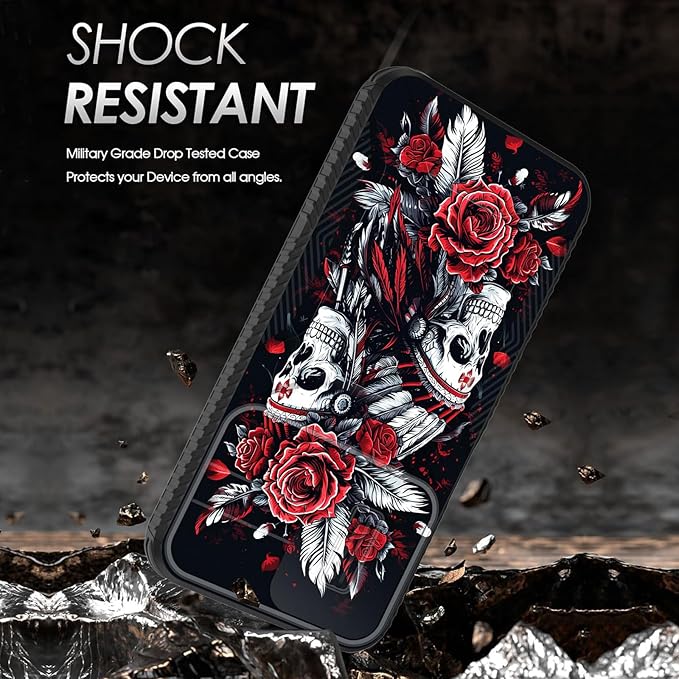 for Galaxy A15 5G Case Built in Slide Camera Lens Cover,Heavy Duty Shockproof Protection Dual Layer Case for Samsung Galaxy A15 5G 6.5 inch 2024,Skull Art with Feathers and Roses