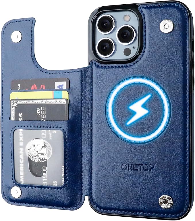 ONETOP Compatible with Magsafe for iPhone 13 Pro Max Wallet Case with Card Holder, PU Leather Kickstand RFID Blocking Case, Double Magnetic Clasp and Durable Shockproof Cover 6.7 Inch (Blue)
