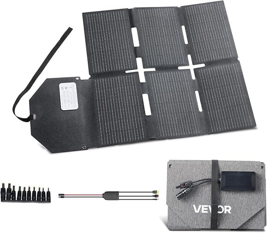 VEVOR 60W Foldable Solar Panel Charger, 16BB N-Type Monocrystalline Solar Panel 24% Efficiency, Lightweight Portable with MC4 Output, Type-C, USB-A & DC Ports for Power Stations Camping Hiking