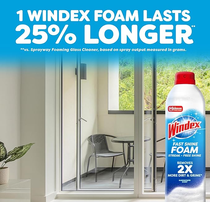 Windex Fast Shine Foam Glass Cleaner Supplies, No-Drip Window & Mirror Aerosol Spray, Streak-Free, Removes Fingerprints, Dust, & Dirt, 19 oz (Pack of 6)