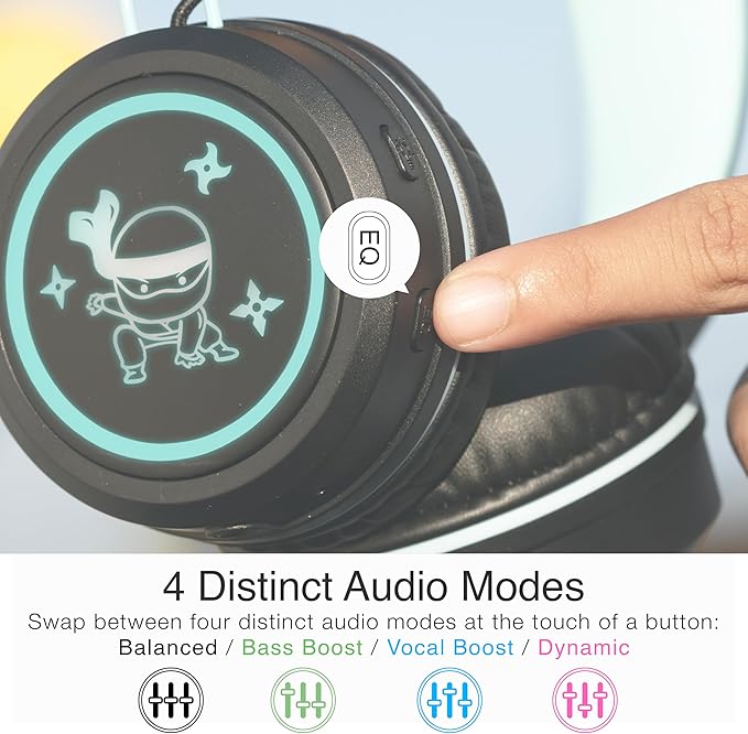MEE Audio KidJamz KJ55BT Bluetooth Wireless Safe Listening Headphones for Children with LED Lights, 85dB Volume Limiter, Microphone, & 40h Battery; Kids Headset for School/iPhone/iPad/Tablet (Black)