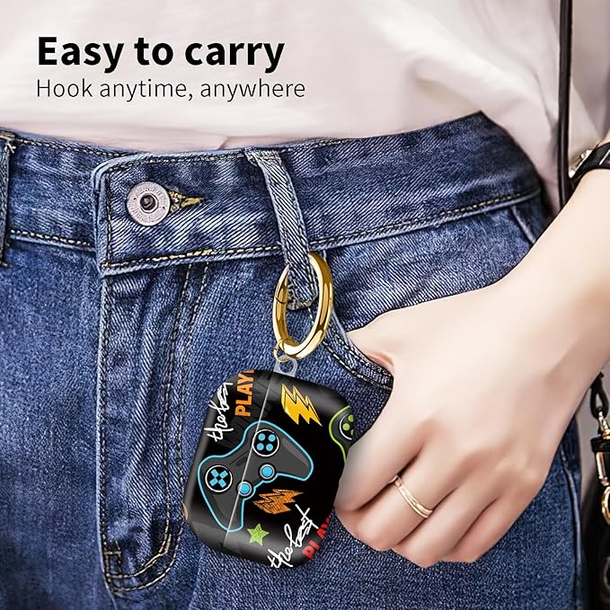 Compatible with Airpod pro 2nd/1st Generation Case Cover with Gold Round Keychain Cute Pattern Hard & Anti Slip Cover for Men Women & Girls（Game on）