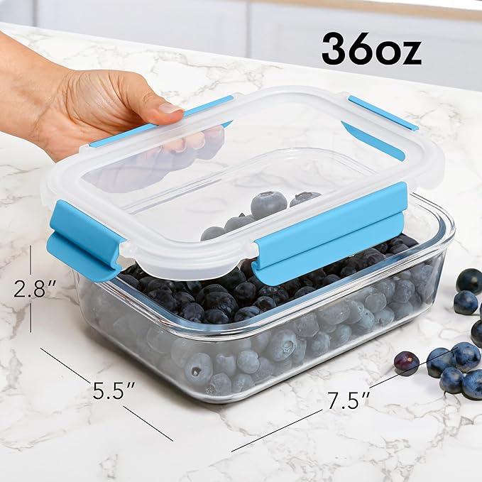 ECOBERI 4.5 Cup Glass Meal Prep Containers with Lids & Silicone Sleeves, 5-Pack Airtight, Leak-Resistant Food Storage Containers for Fridge, Freezer, Oven & Microwave