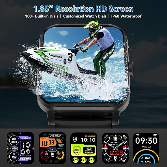 Smart Watch for Men Women, 120+ Sports Modes, Bluetooth Calls/Messages, 1.85" HD Touch Screen, IP68 Waterpro of Fitness Tracker with Heart Rate/Sleep Monitor, Compatible with Android/iOS (Black)