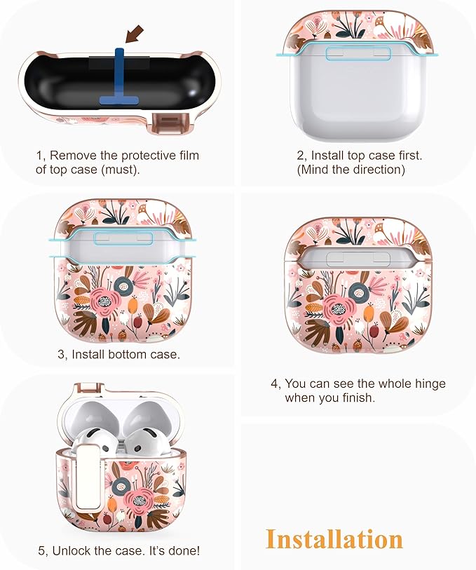TATOFY Cover for AirPods Pro 4th Generation Case with Lock Clip Cleaner Kit Slim Hard AirPod 4 Lock Case Compatible with MagSafe (Pink)