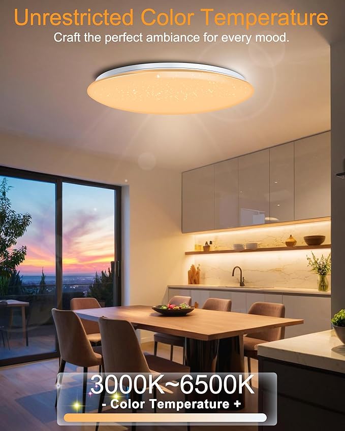 WF-Version LED Ceiling Light with Speaker 60W 20Inch Control via app/Voice/Remote Adjustable Brightness & Color Temperature Ceiling Lamp RGB Ambient Lighting for Bedroom Kids Room and More
