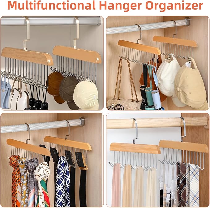 2 Pcs Tank Top Hanger,Tie Racks for Closet, Wooden Hangers with 8 Hooks Space Saving, Closet Organizers and Storage for Bras Camis Belts Ties
