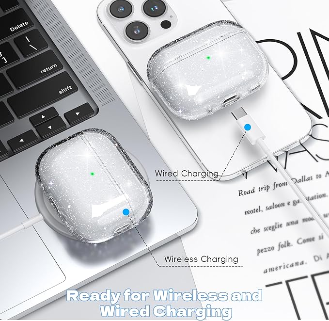 for Airpods Pro 2nd/1st Generation Case Cover, Compatible with Airpods Pro Case 2nd Gen USB C Charging Port, Clear Soft Transparent Military Grade Shockproof Case, Gitter White