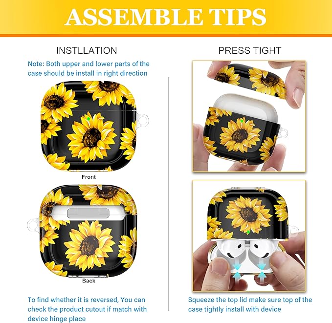 for AirPods 4th Generation Case Cover 2024, Military-Grade Shockproof, Soft TPU Highly Transparent Anti-Yellowing for AirPods 4 Case with Cleaning Kit & Cute Round Buckle, Black chrysanthemum