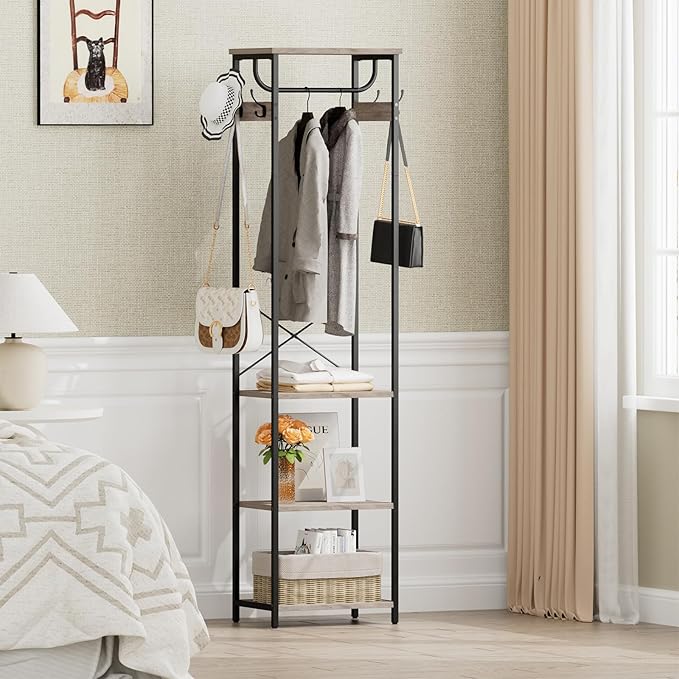 Coat Rack With Hanging Rod, Garment Rack With 3 Wooden Shelves and 4 Hooks, Freestanding Hall Tree, Industrial Clothes Rack Stand Organizer, Greige and Black