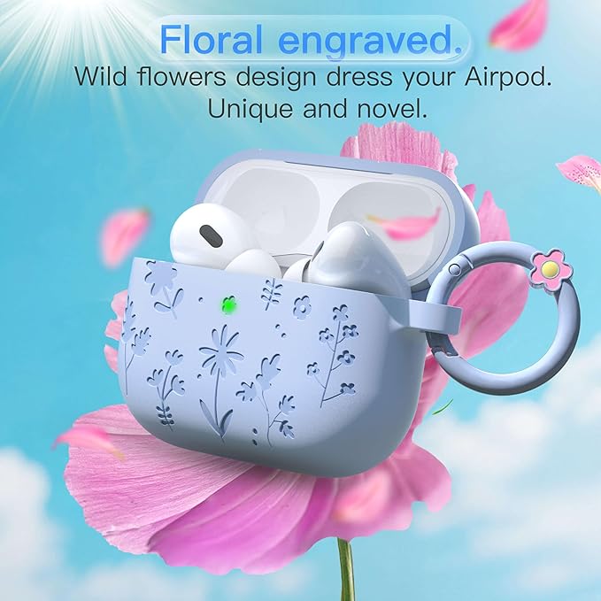 for AirPods Pro 3 Case (2025) DamonLight Floral Engraved Shockproof Protective Soft Silicone Case Cover with Cleaning Pen and Floral Keychain for Apple Airpods Pro 3rd Generation (Blue)