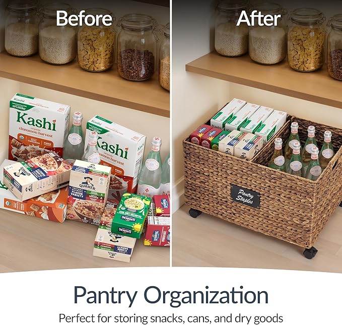 Best Choice Products Rolling Pantry Storage Basket Organizer W/Chalkboard Label, Open Handles, Removable Divider, Water Hyacinth Bin for Kitchen, Bedroom, Office, Kids' Room, Laundry Room - Chestnut