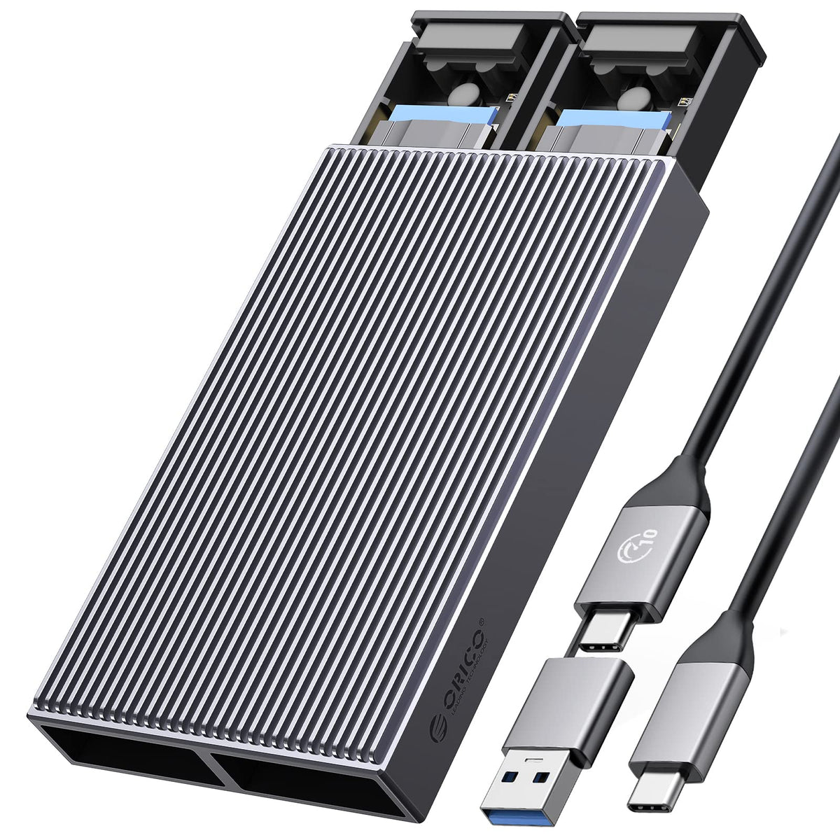 ORICO Dual M.2 NVMe SATA SSD Enclosure, USB C to M2 Adapter for M Key PCIe & B+M Key 2230/2242/2260/2280 SSDs,Tool-Free Installation Aluminum SSDs Reader Support Trim and UASP up to 2x4TB-BM2-2SN