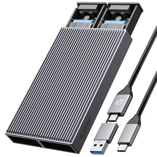 ORICO Dual M.2 NVMe SATA SSD Enclosure, USB C to M2 Adapter for M Key PCIe & B+M Key 2230/2242/2260/2280 SSDs,Tool-Free Installation Aluminum SSDs Reader Support Trim and UASP up to 2x4TB-BM2-2SN