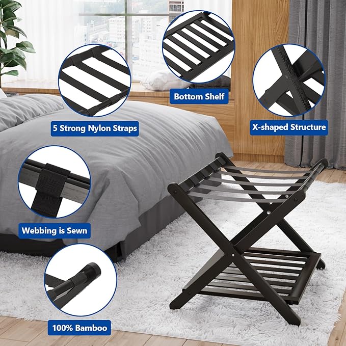 Smuxee Fully Assembled Luggage Rack for Guest Room, Upgraded Bamboo Foldable Suitcase Stand with 5 Nylon Straps, Luggage Holder with Shelf for Bedroom Hotel