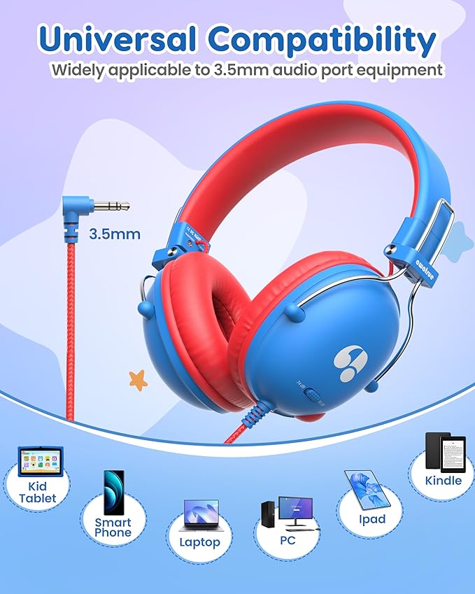 Kids Headphones, 74/85dB Safe Volume Limit, Stereo Sound, Wired On-Ear Headphones for Kids Boys Girls, 3.5mm Jack for Tablet, iPad, Kindle, YOTO Player, Airplane Travel, Blue