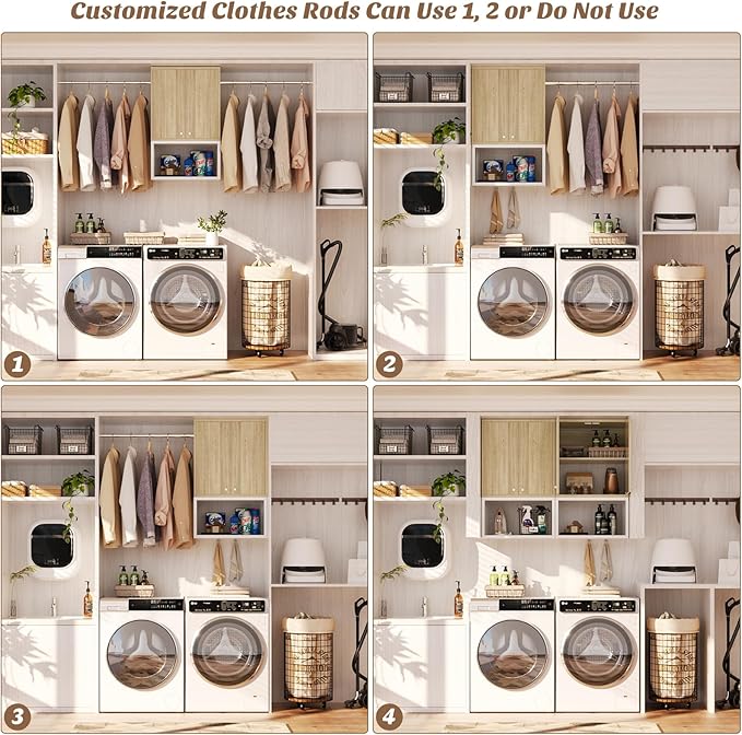 Homieasy Wall Cabinet with 2 Hanging Rods, 67'' Wide Laundry Wall Cabinet with 2 Doors, Open Rack & Adjustable Inner Shelf, Storage Cabinet Wall Mounted for Laundry & Bathroom, White Oak