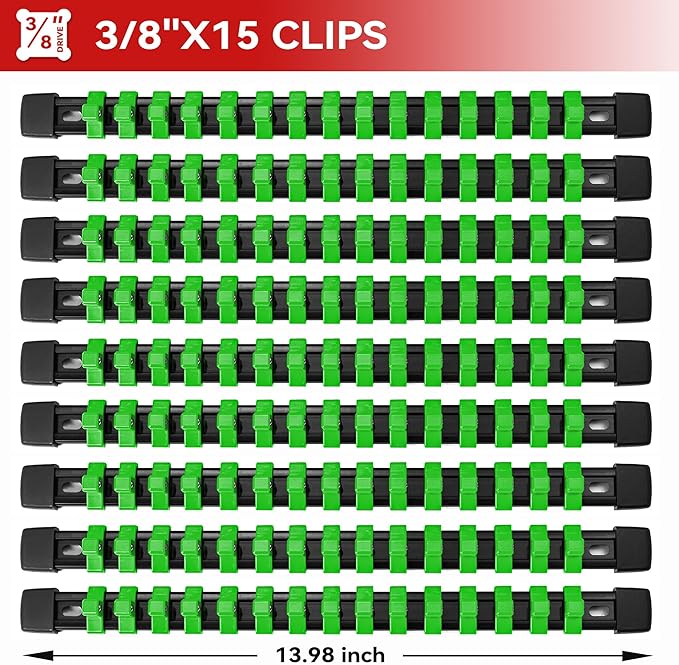 ALOANES 9PC ABS Socket Organizer, Socket Rails Fit 3/8 inch Drive, Heavy Duty Socket Holders Hold up to 135 Sockets, Black Rails with Green Clips
