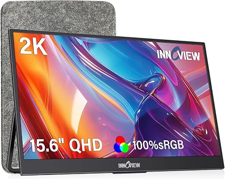 InnoView 2K Portable Monitor 15.6" QHD 100% sRGB, Built-in 180° Adjustable Stand Travel Monitor USB C Standard HDMI Ultra-Slim Portable Monitor for Laptop MacBook Phone PS5 Xbox Switch