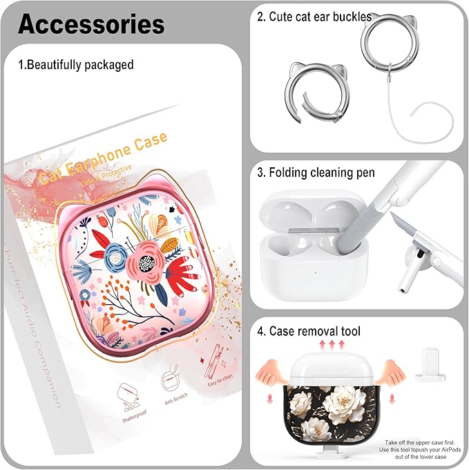 RFUNGUANGO AirPods 4 Case for Women Girly Cat Case with Lock, Phone Stand, Keychain & Cleaner Kit, Compatible with Apple Airpods 4th Generation Case Cover, Black Peony