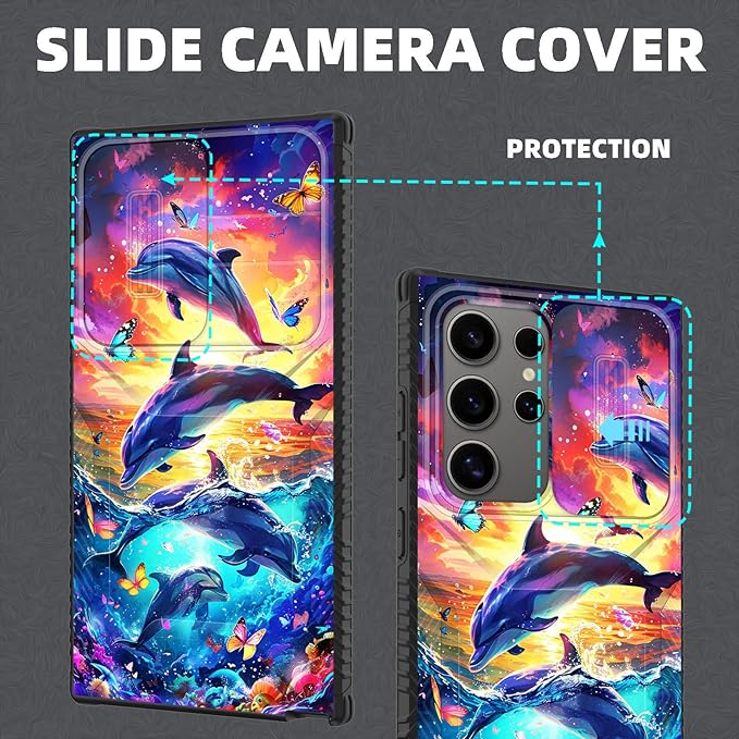for Galaxy S26 Ultra Case Built in Slide Camera Lens Cover,Heavy Duty Shockproof Protection Dual Layer Case for Samsung Galaxy S26 Ultra 6.9" 2026,Dolphins and Butterflies