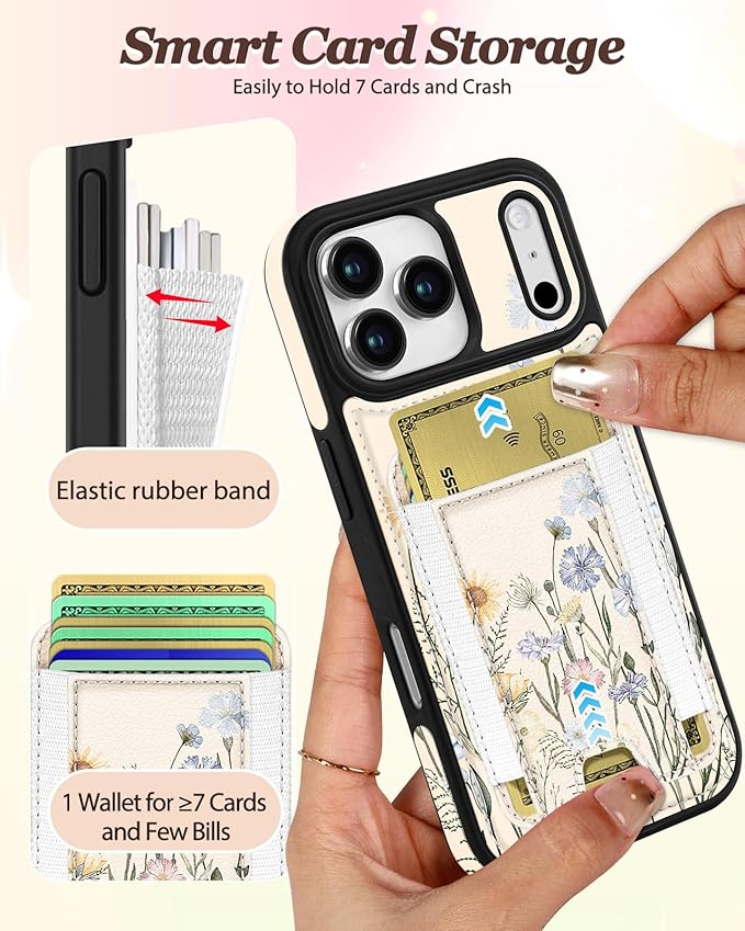 Shorogyt for iPhone 17 Pro Max Case Wallet - Fits 5 Cards, Compatible with Magsafe Magnetic Credit Card Holder Leather Cardholder Cute Phone Cover Women Girls for Apple 17 ProMax, Color Flower