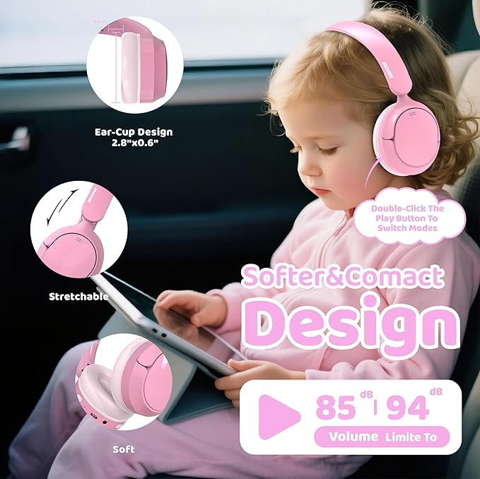 MIDOLA Kids Bluetooth Headphones Active Noise Cancelling,Volume Limited 85/94dB,Over Ear Foldable with Mic Aux Cord,Lightweight Wireless Headphone for Kid Toddler Child Pad Tablet Pink